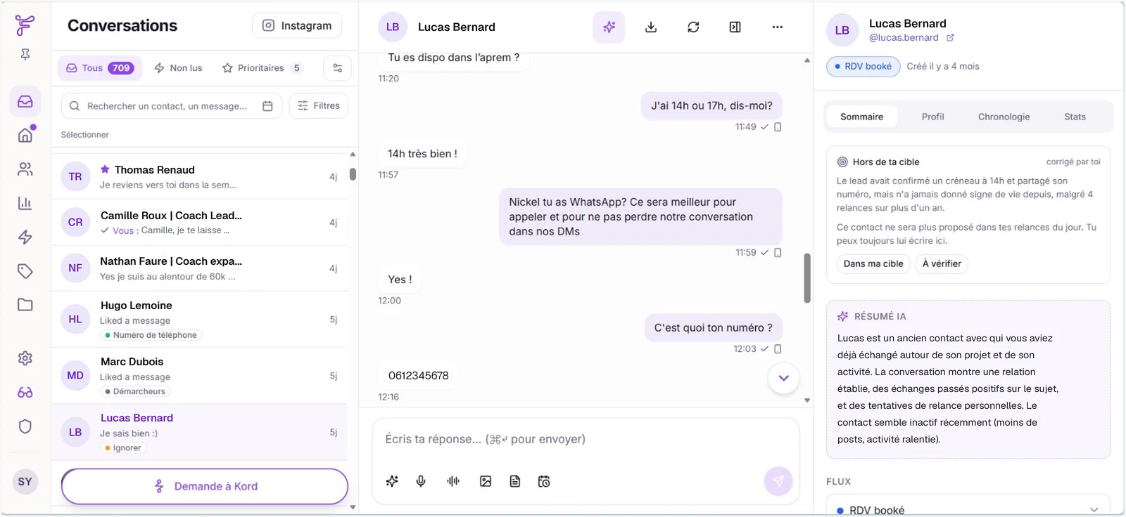 La messagerie Ficiel sur ordinateur : la liste des conversations Instagram, l'échange en cours et le résumé IA du contact dans un seul écran.