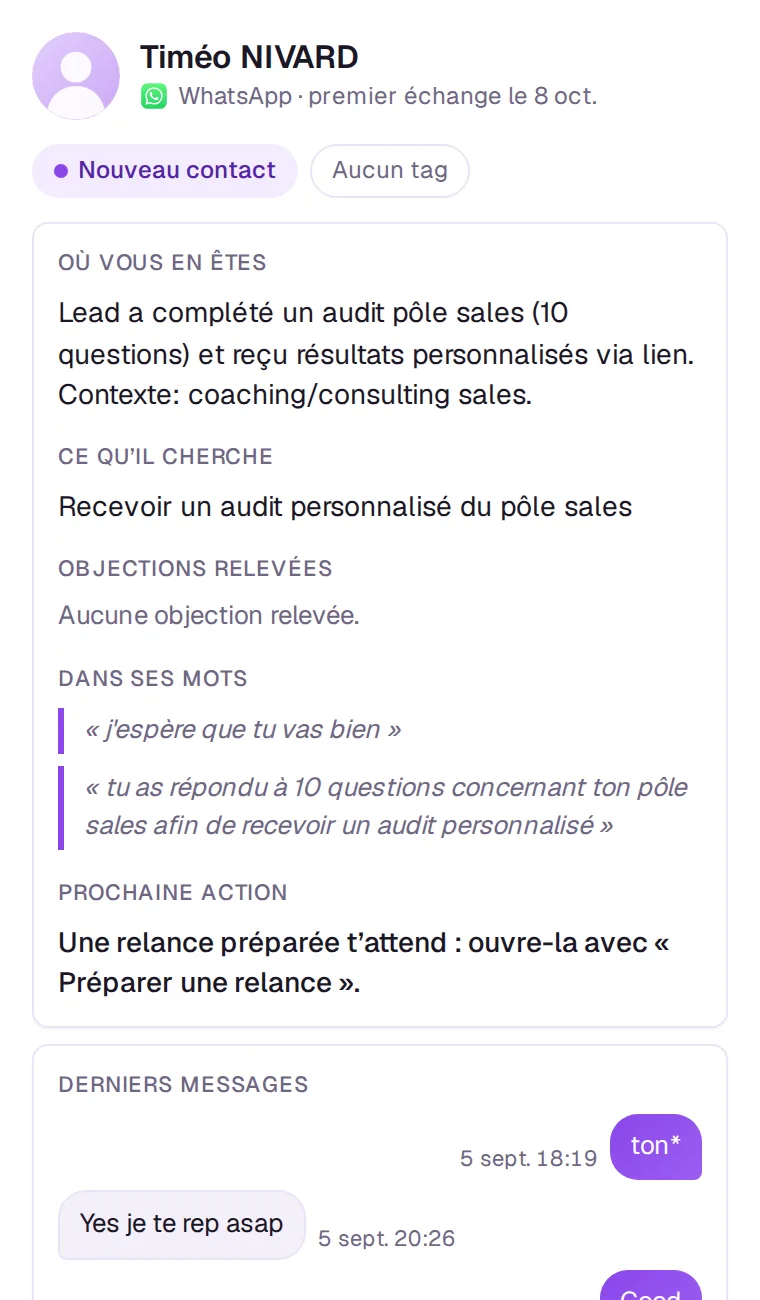 Écran Ficiel dans Claude : La fiche d'un prospect