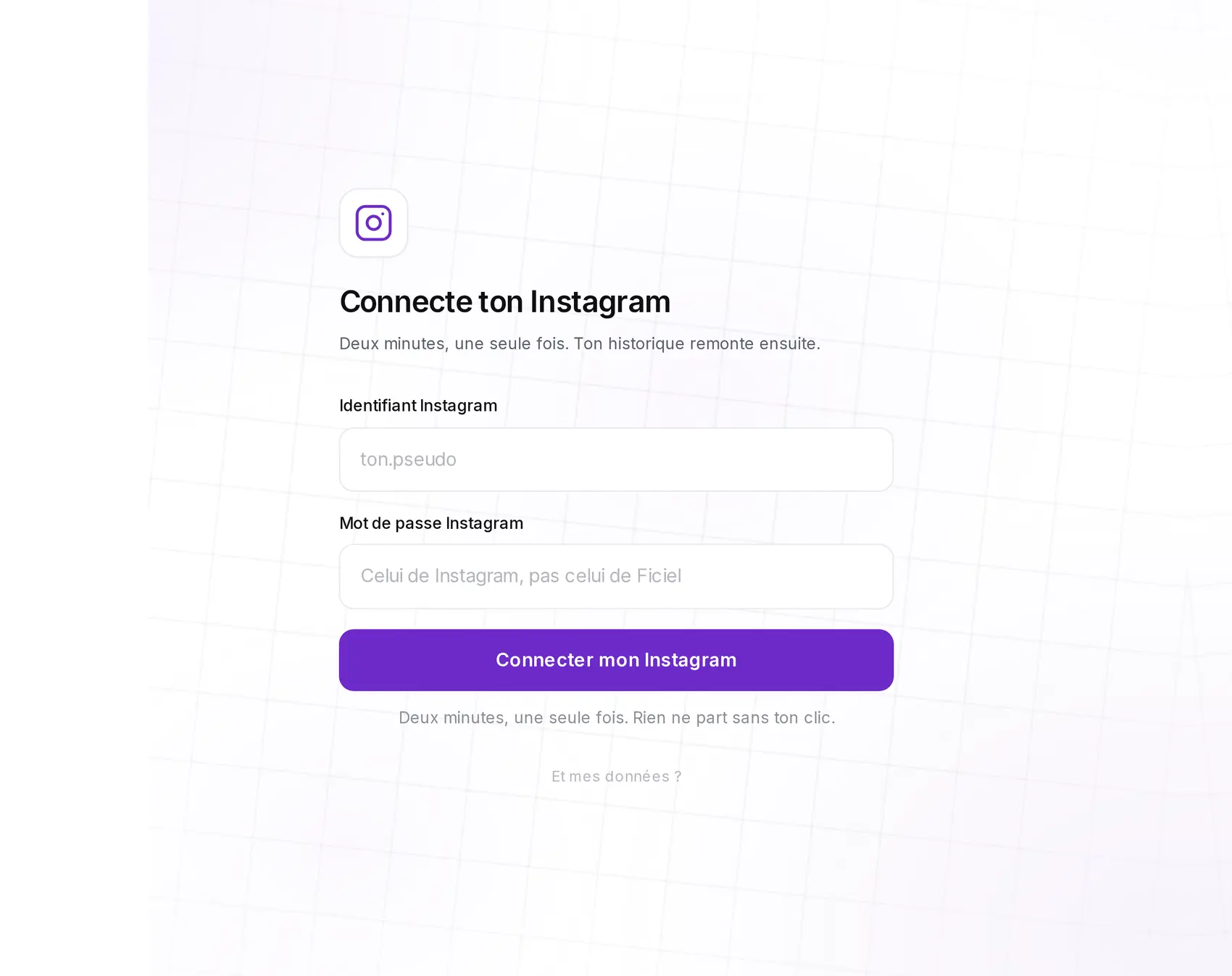 L'écran de connexion d'un compte Instagram dans Ficiel : identifiant, mot de passe Instagram et le bouton « Connecter mon Instagram ».